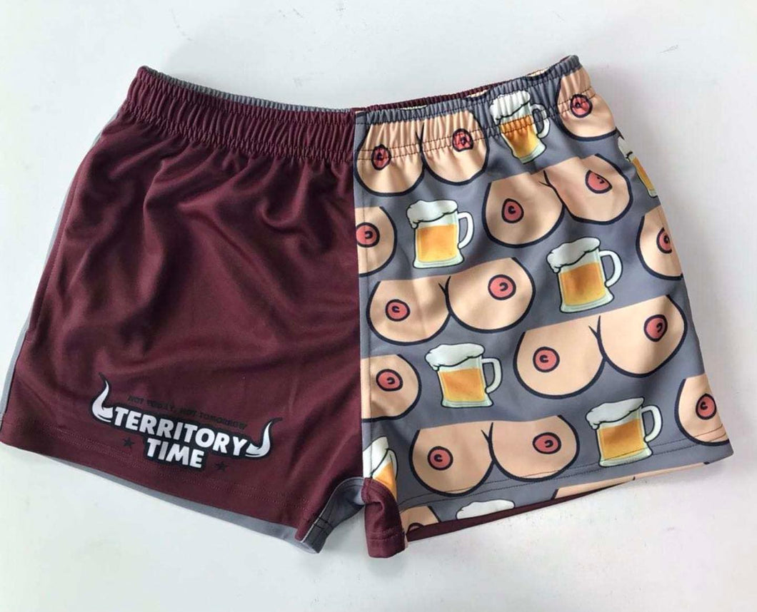 TITTIES & BEER FOOTY SHORTS - Maroon & Grey